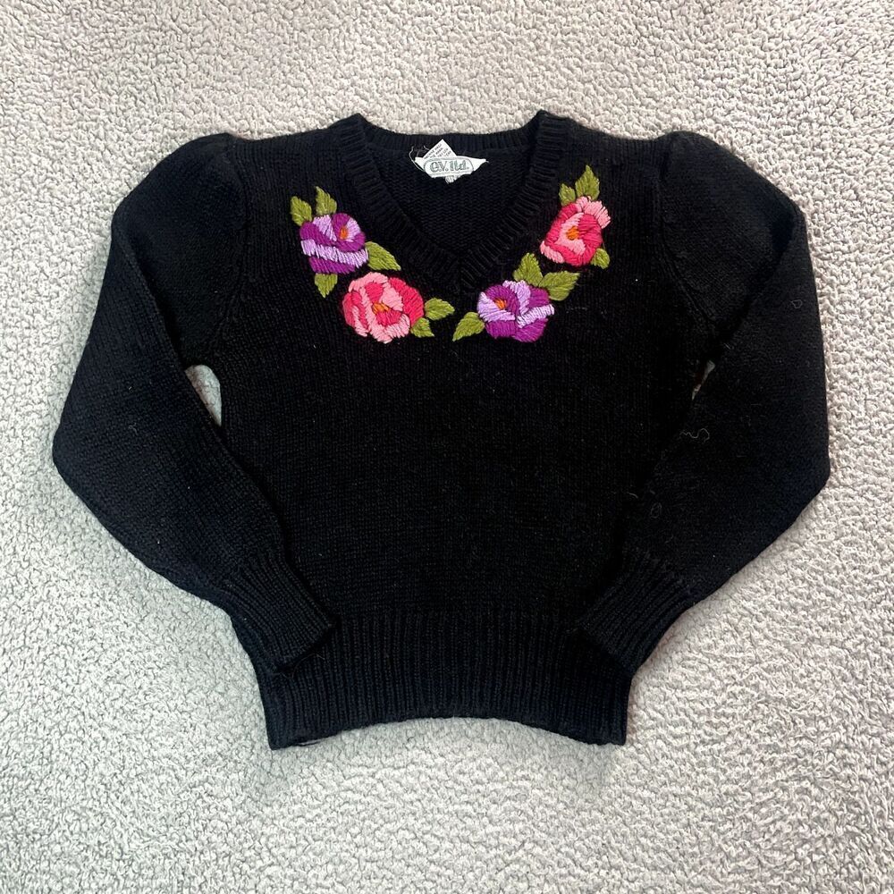 Vintage EV LTD Sweater Women's Floral Knite Embroidery Black 70s 80s Medium